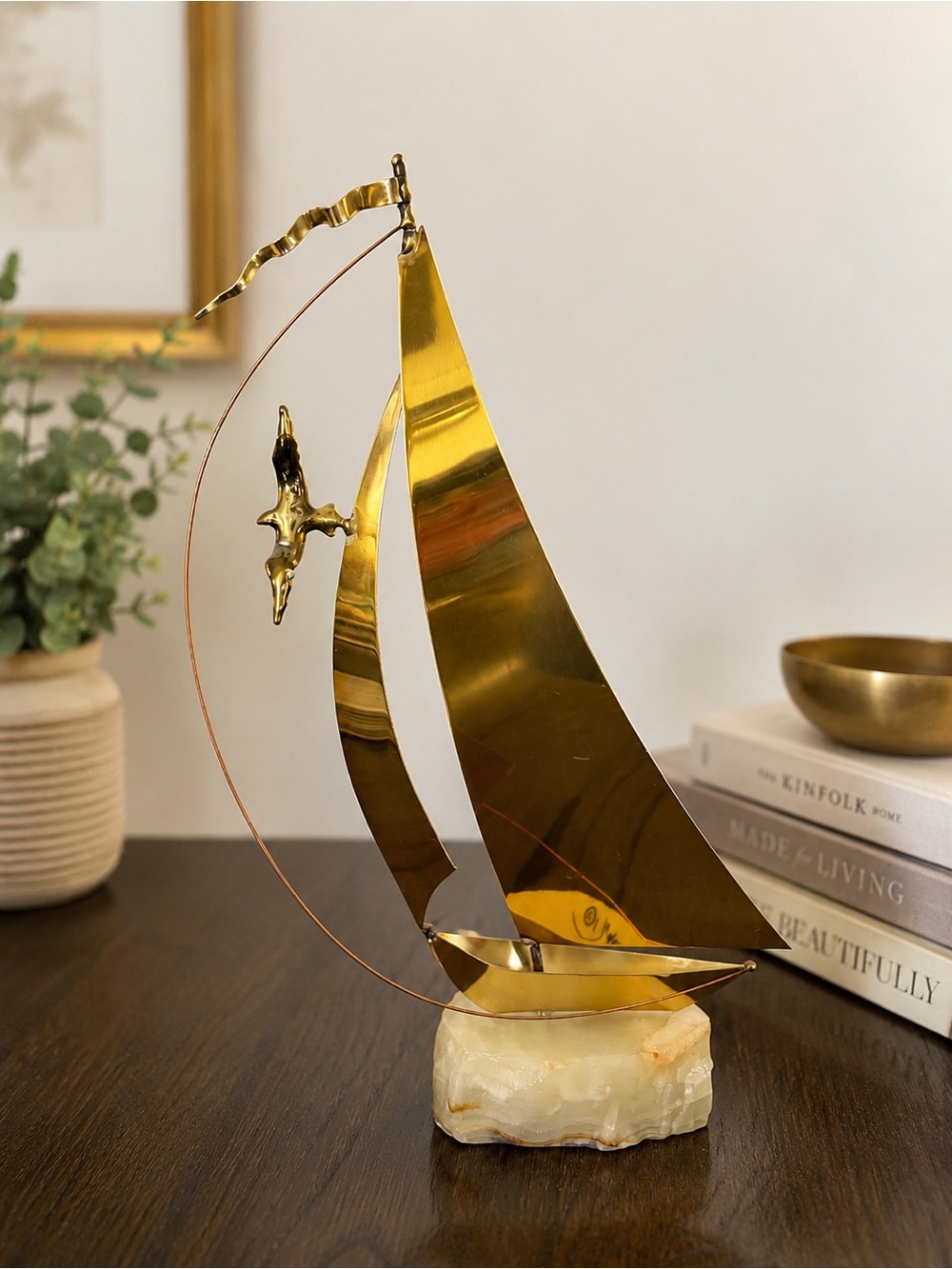Gold Metal Sailboat Sculpture on Stone Base - Coastal Accent